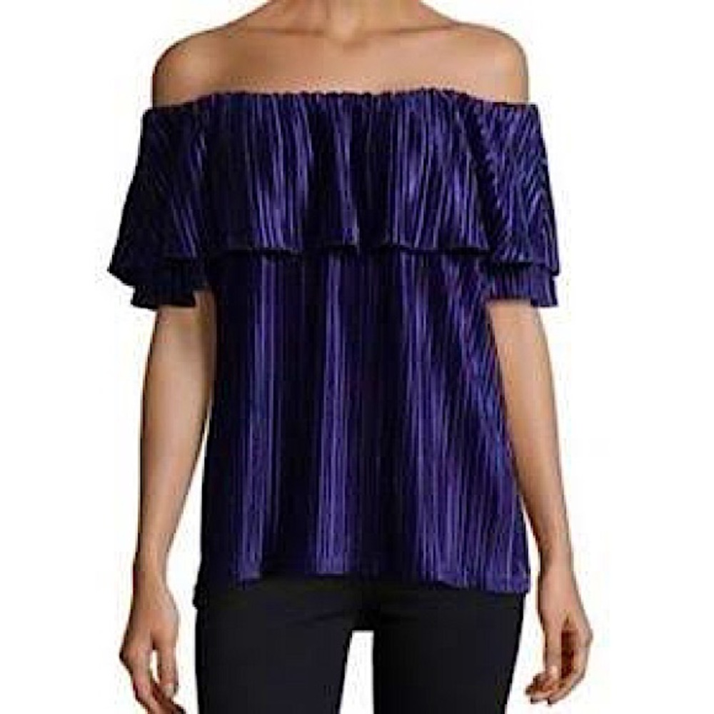 Sanctuary Off the Shoulder Purple/Blue Velvet Pleated Ribbed Top Sz.M